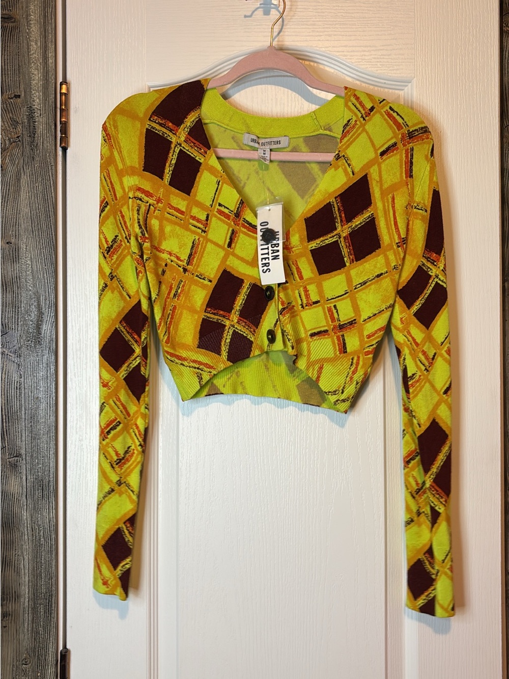 Urban Outfitters Neon Lime & Brown Plaid Cropped Cardigan med